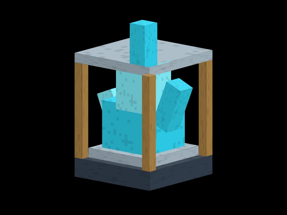 A metal cage around a sculpted cyan flame, carrying the Forge's hot-and-cold color contrast.