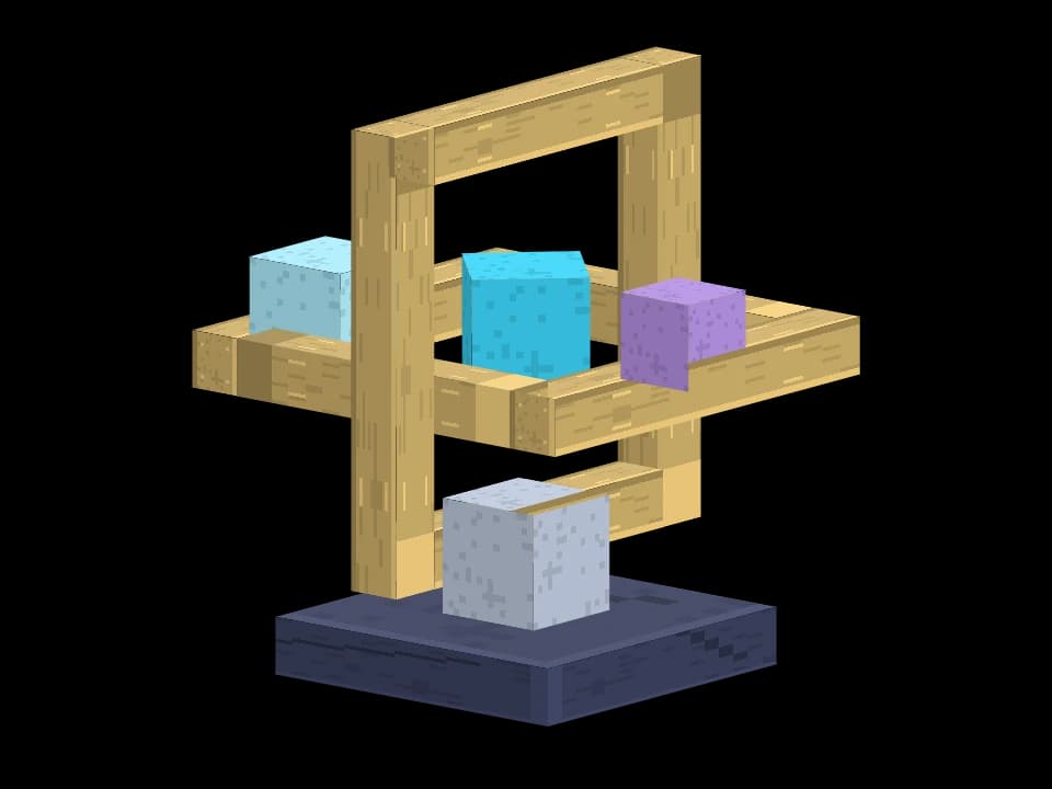 A miniature celestial arrangement: the sky realm's astronomy translated into voxel metalwork.