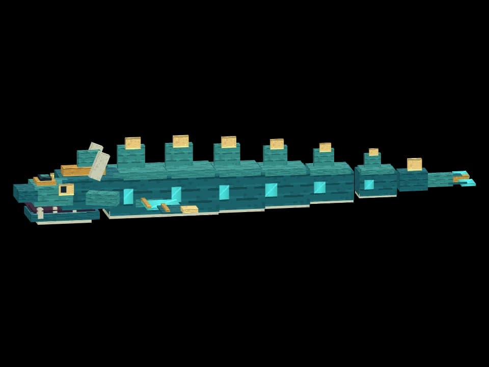 An eleven-part sea serpent with a plated head, sweeping fins and a segmented body. The full creature is shown as one assembled exhibit.
