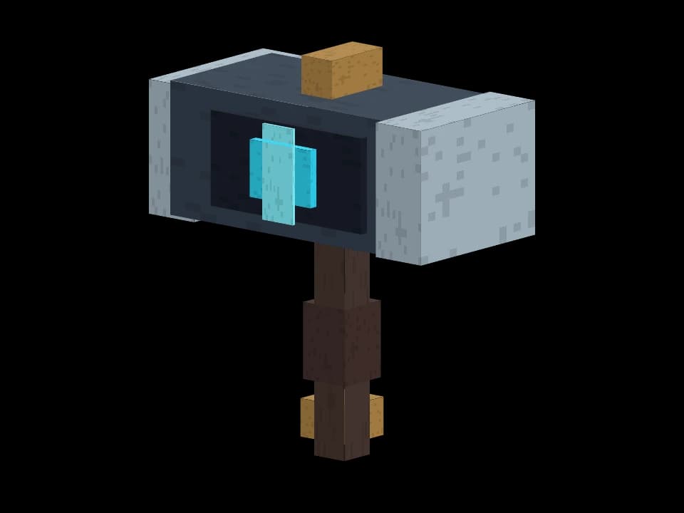 A heavy steel hammer with a brilliant blue crystal at its heart.